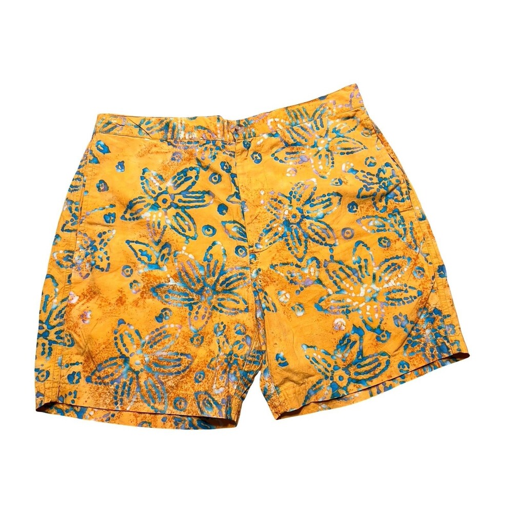 J.Press Men’s Medium Cotton Swim Trunks Mesh Lined Batik Floral Gold NWT